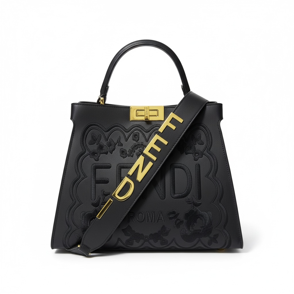 Fendi Roma Black Embossed Handbag 🖤✨ | Luxury Statement Bag