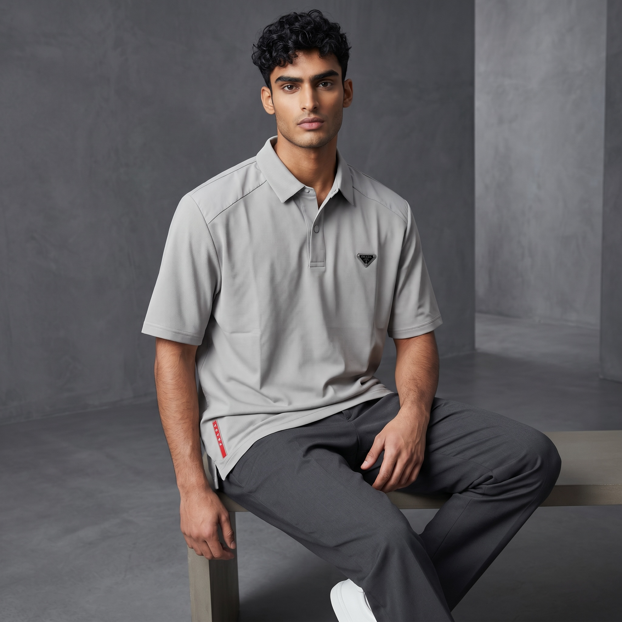 Prada Textured Performance Polo – Light Grey Edition ✨