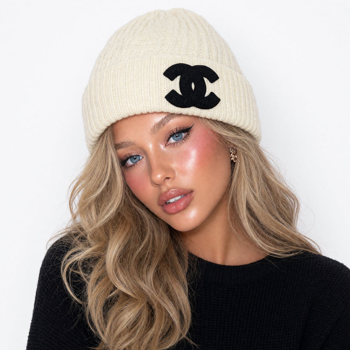 Chanel Ribbed Knit Logo Beanie β Cream