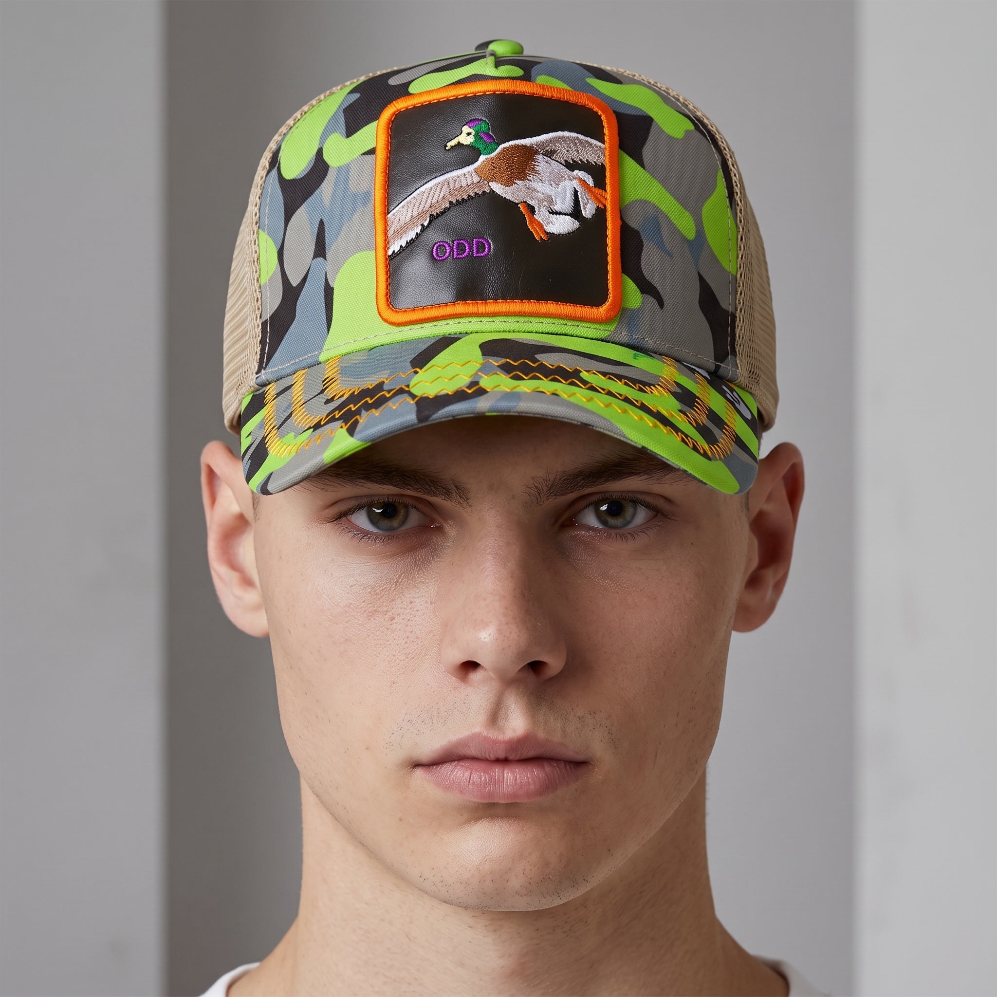 Odd Trucker Cap – Neon Camo Duck Patch 🧢🟩