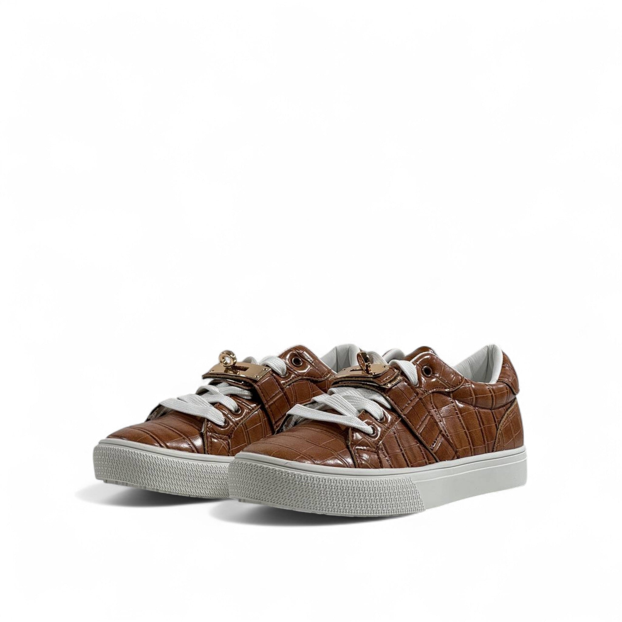 Hermès Brown Croc-Embossed Sneakers with Gold Lock Detail 🤎👟