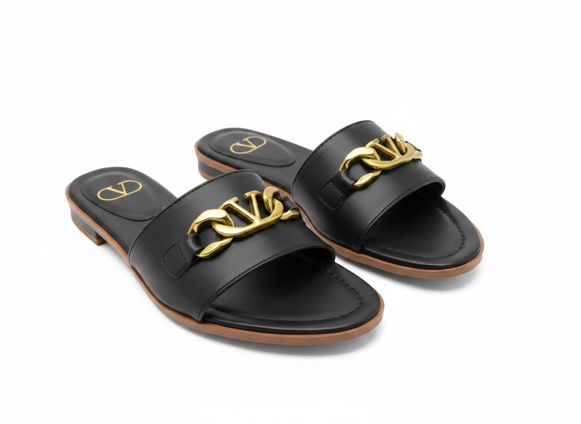 Valentino VLogo Black Slide Sandals π€β¨ Gold Chain Edition