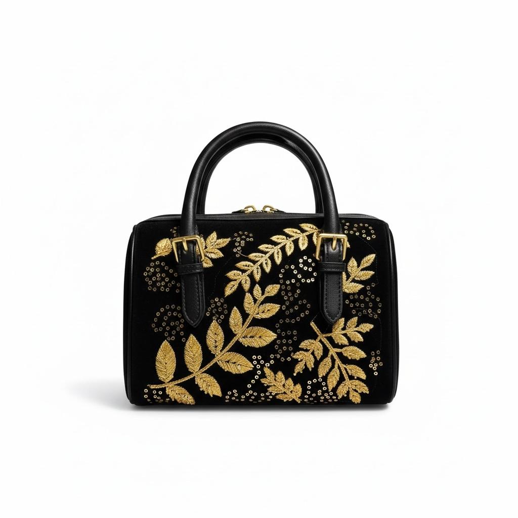 Tory Burch Black Embroidered Top-Handle Bag with Gold Leaf Motif β¨π€