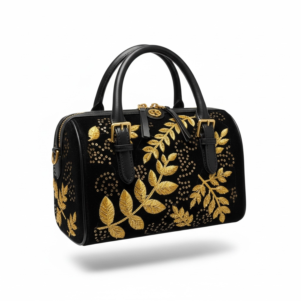 Tory Burch Black Embroidered Top-Handle Bag with Gold Leaf Motif ✨🖤