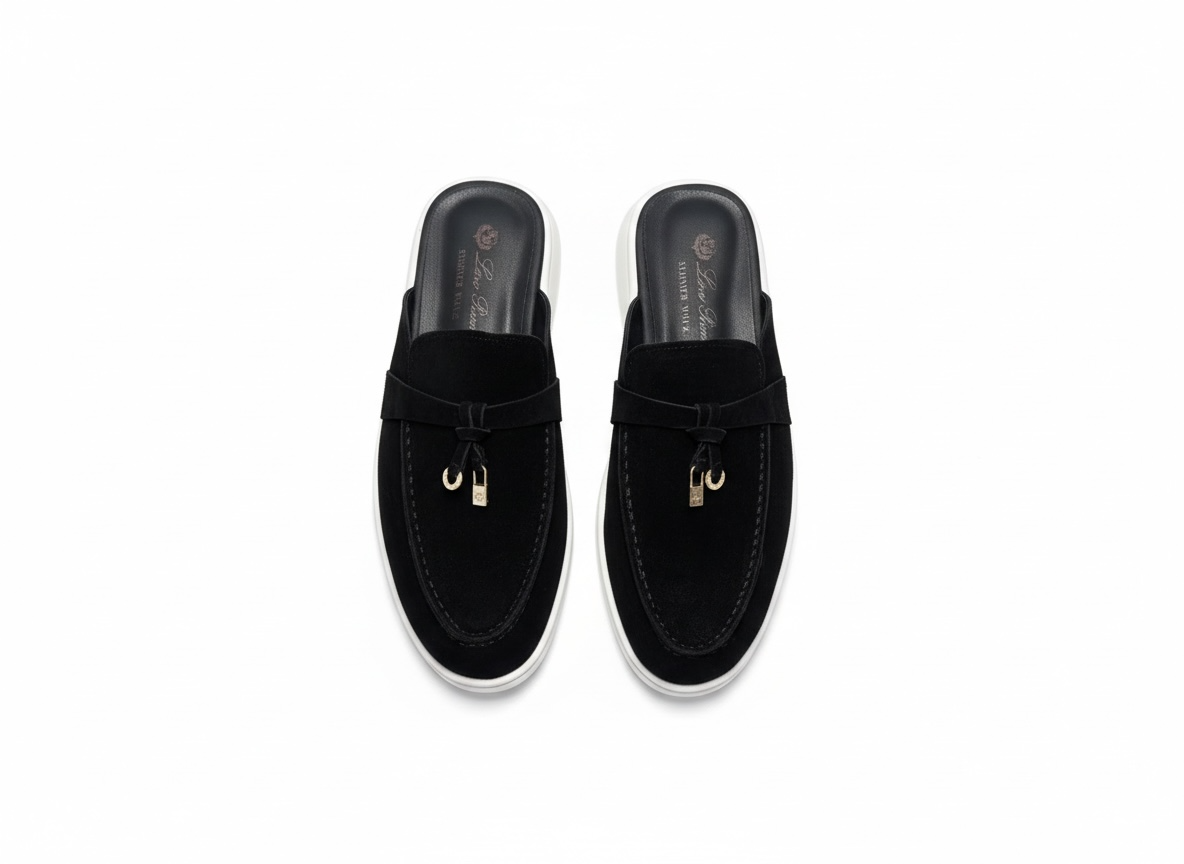 LORO PIANA Style Black Suede Slip-On Loafers π€β¨ | Gold Detail Edition