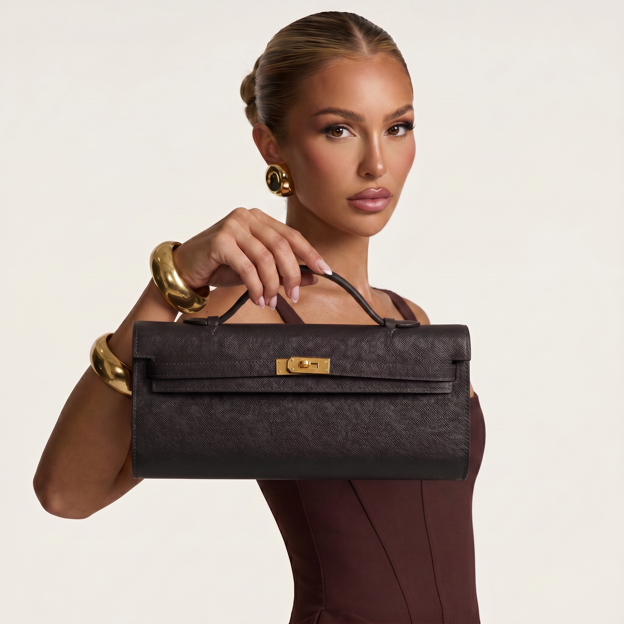 🖤 Hermès Black Leather Kelly Style Clutch
