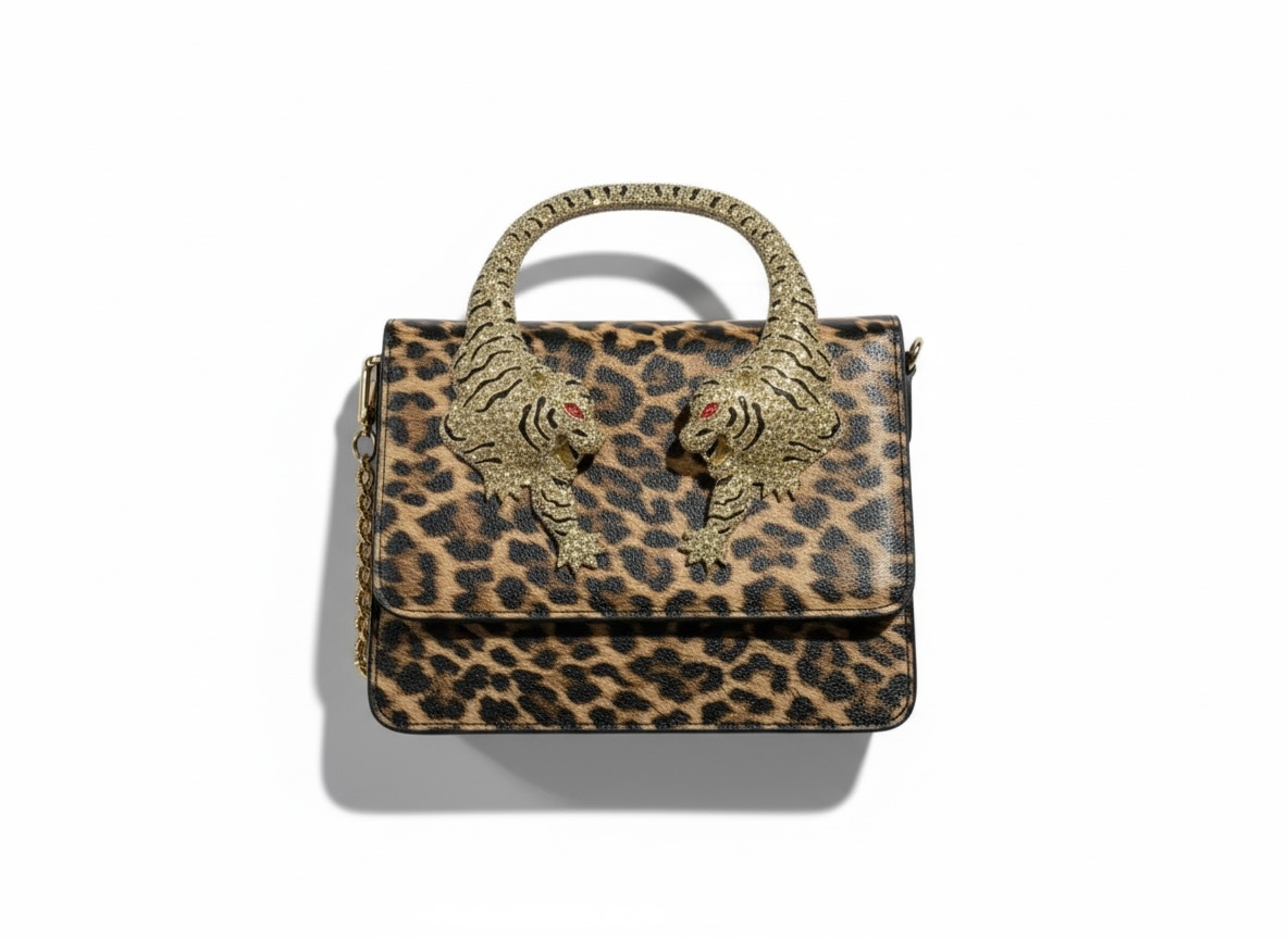 š Roberto Cavalli Leopard Top Handle Bag with Tiger Head Handle