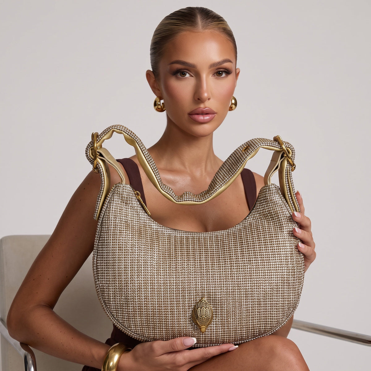 Kurt Geiger Hobo Bag – Gold Crystal Shimmer ✨👜