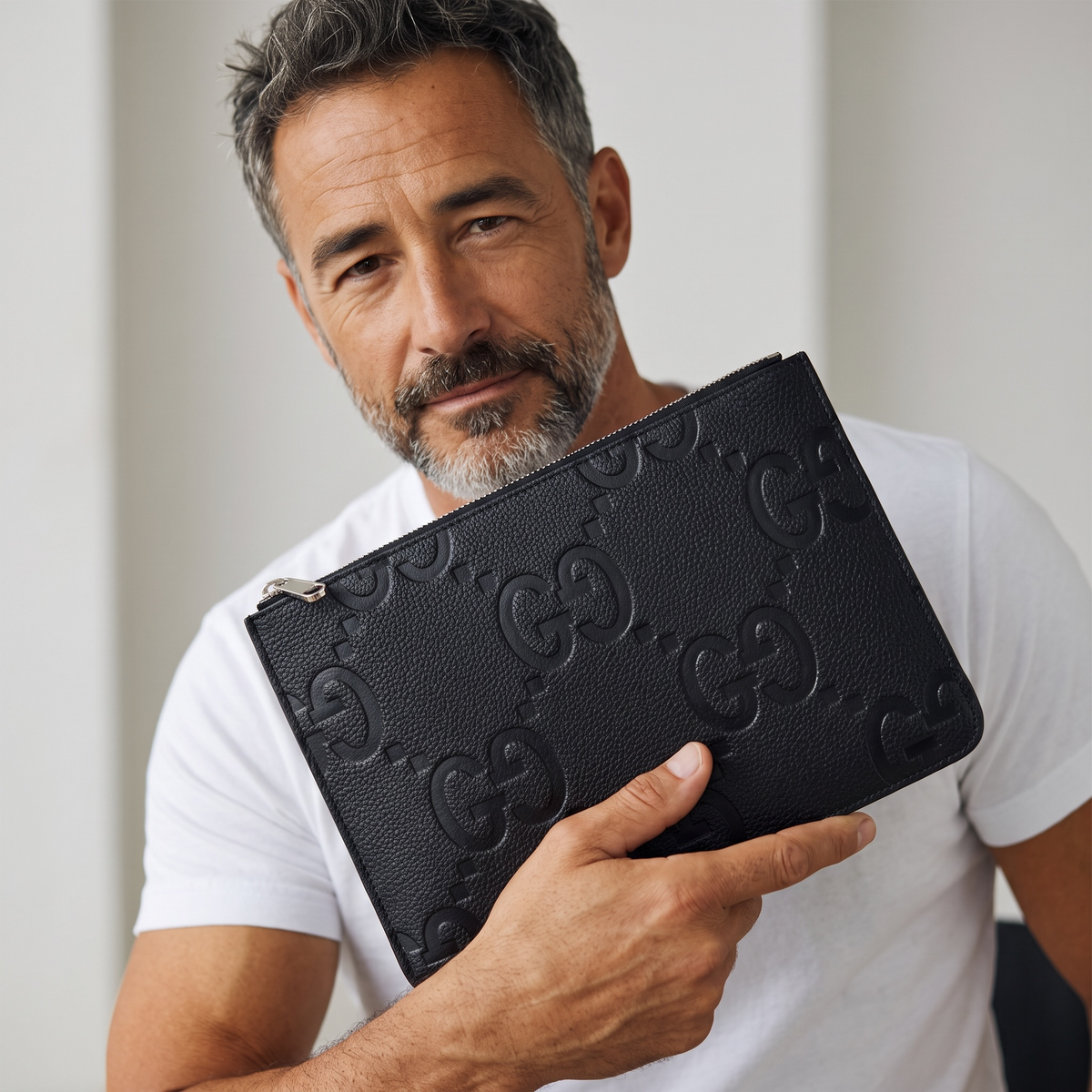 Gucci Jumbo GG Leather Zip Pouch — Black