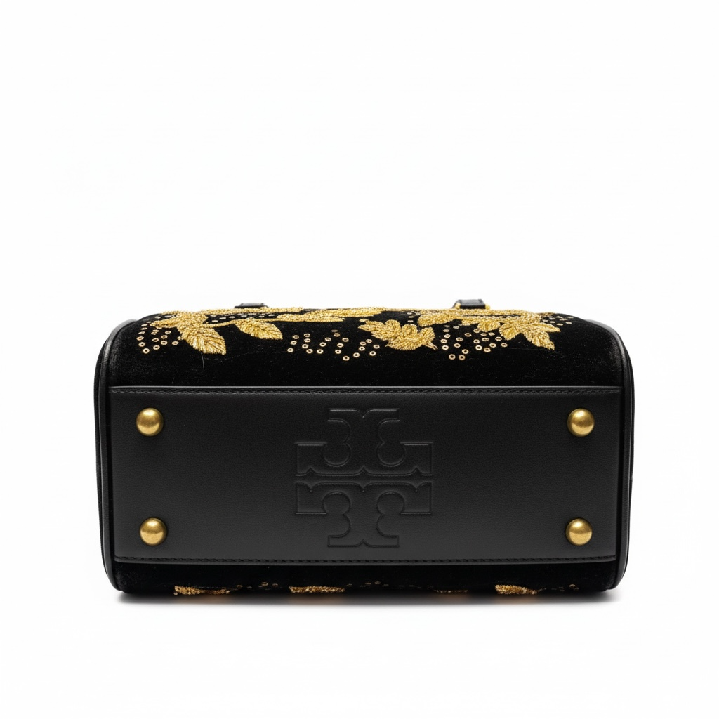 Tory Burch Black Embroidered Top-Handle Bag with Gold Leaf Motif β¨π€
