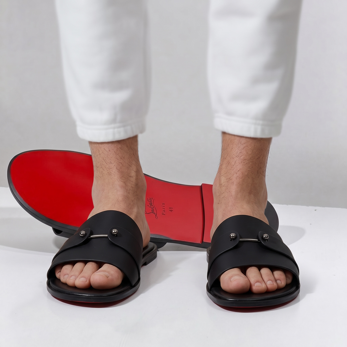 Christian Louboutin Inspired Black Leather Slide Sandals – Luxury Designer Summer Slippers ❤️🖤
