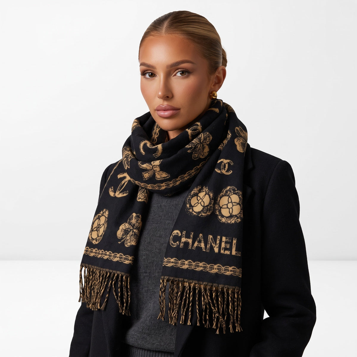 Chanel Logo Scarf β Black & Gold
