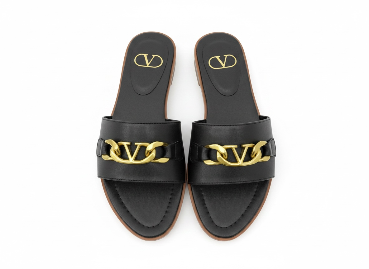 Valentino VLogo Black Slide Sandals π€β¨ Gold Chain Edition