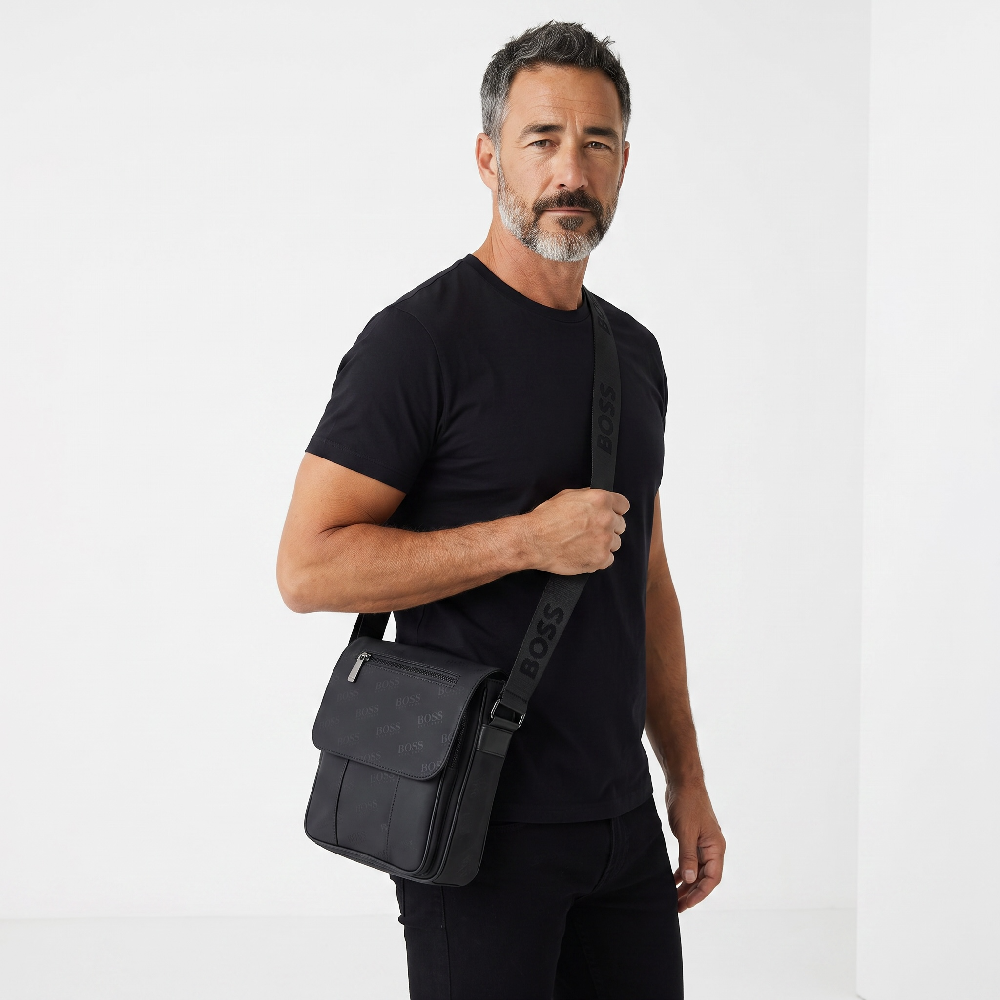 π€ Hugo Boss Monogram Crossbody Shoulder Bag β Black
