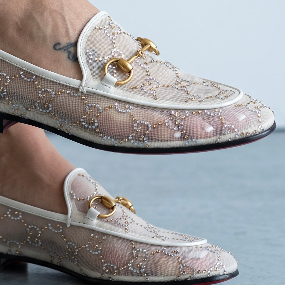 Gucci Horsebit Loafers – Ivory Crystal Mesh ✨
