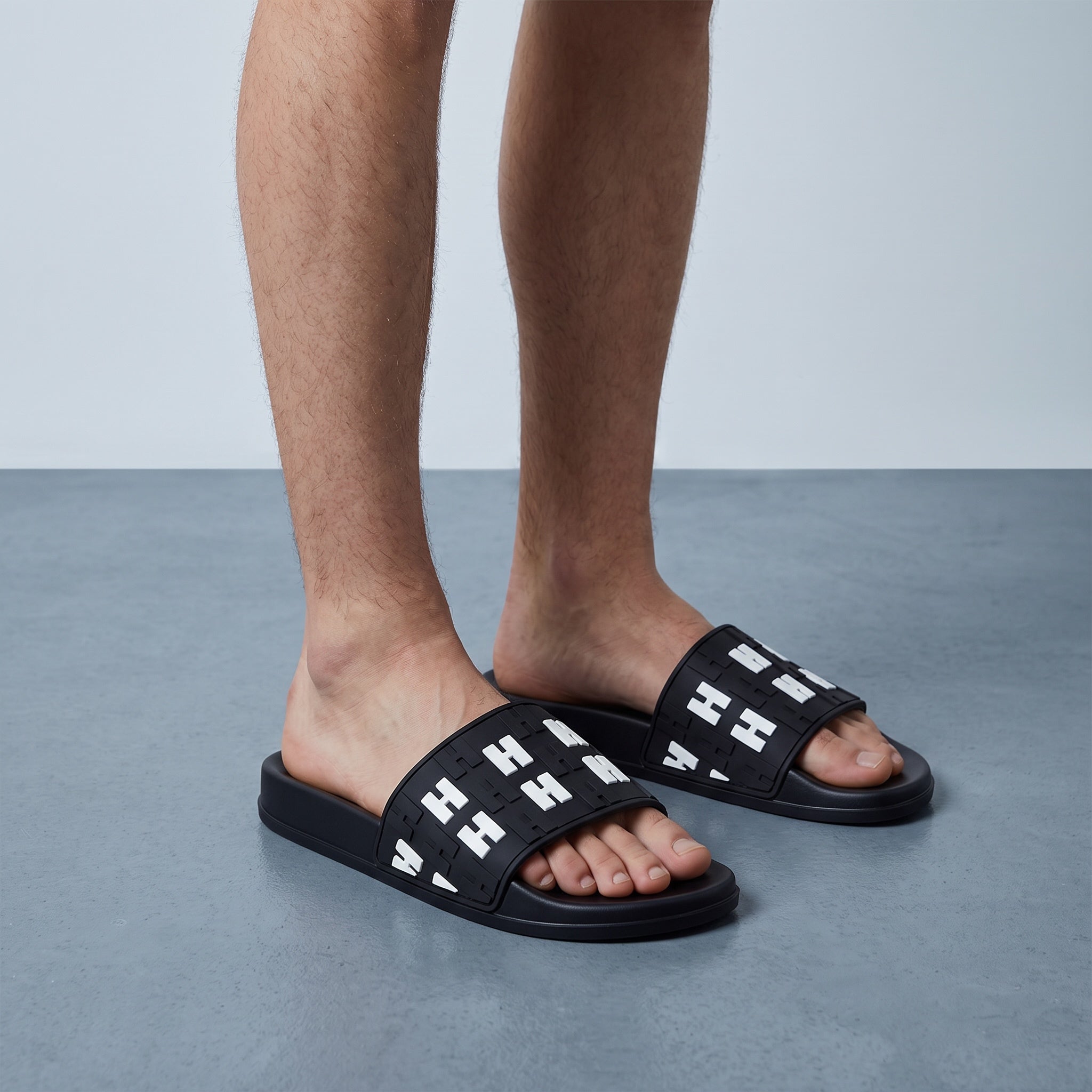 Hermès Slides – Black H Logo Rubber Sliders 🖤👣