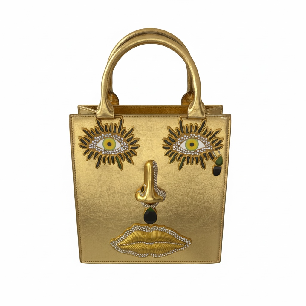 Elsa Schiaparelli Gold Face Motif Metallic Top Handle Bag ✨💛
