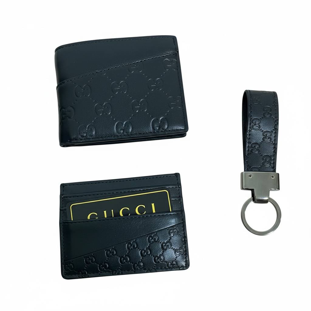 Gucci GG Embossed Leather Wallet, Card Holder & Key Ring Set β Black π€β¨