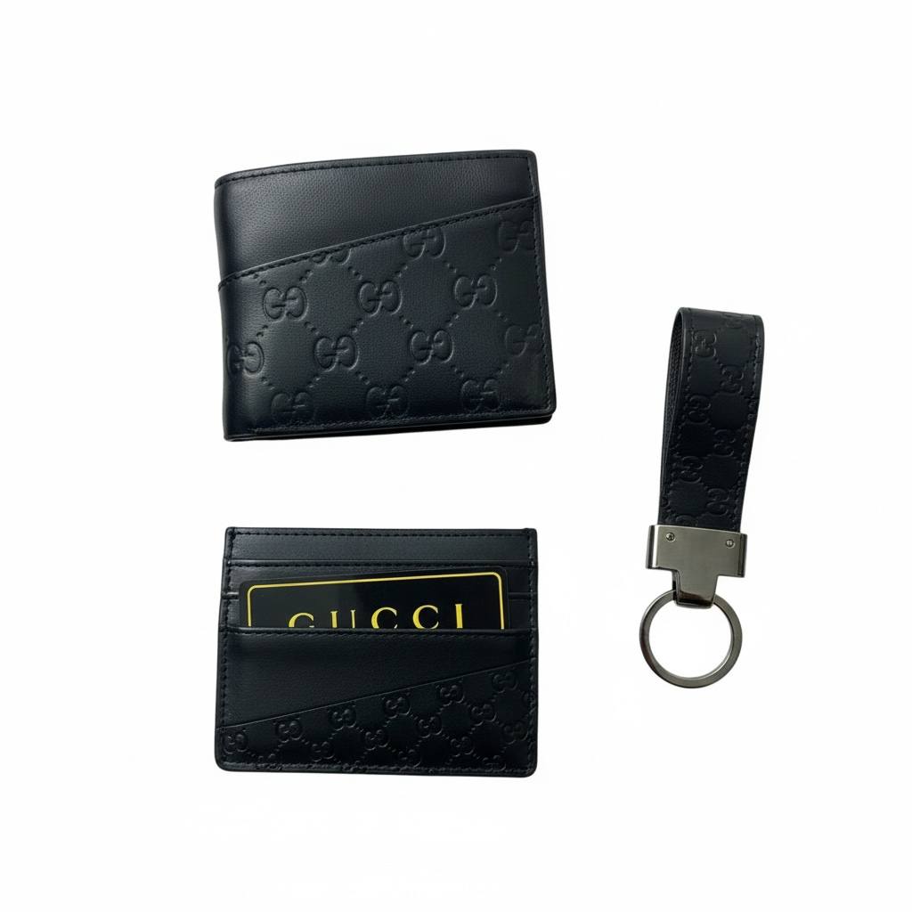 Gucci GG Embossed Leather Wallet, Card Holder & Key Ring Set β Black π€β¨