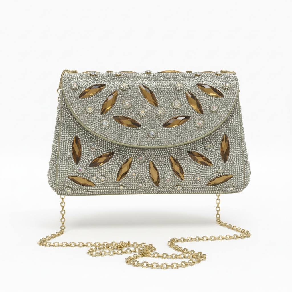 Golden Crystal Glam Clutch β¨π | Rhinestone & Amber Stone Evening Bag
