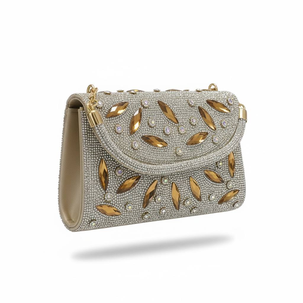 Golden Crystal Glam Clutch β¨π | Rhinestone & Amber Stone Evening Bag