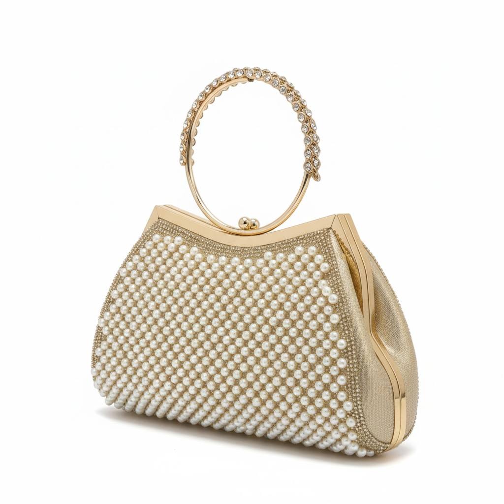 Pearl Royale Gold Clutch β¨π€ | Elegant Evening Bag with Crystal Ring Handle
