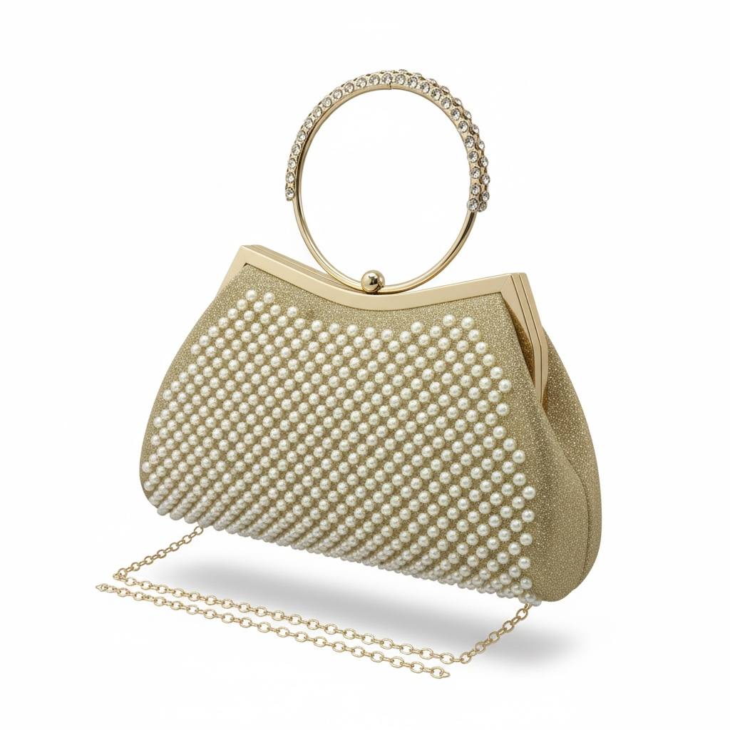 Pearl Royale Gold Clutch β¨π€ | Elegant Evening Bag with Crystal Ring Handle