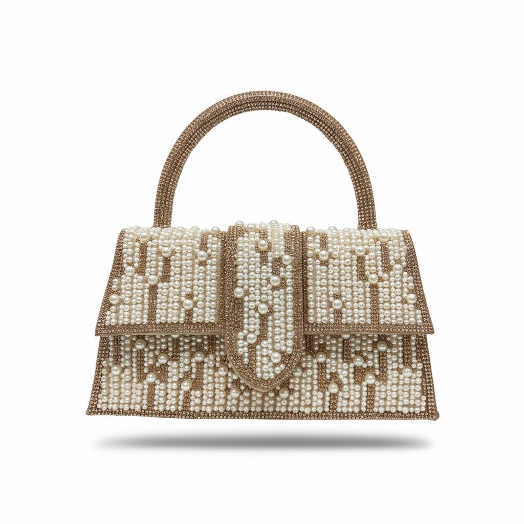 Pearl Luxe Monogram Top Handle Bag β¨π€ | Gold Embellished Statement Handbag