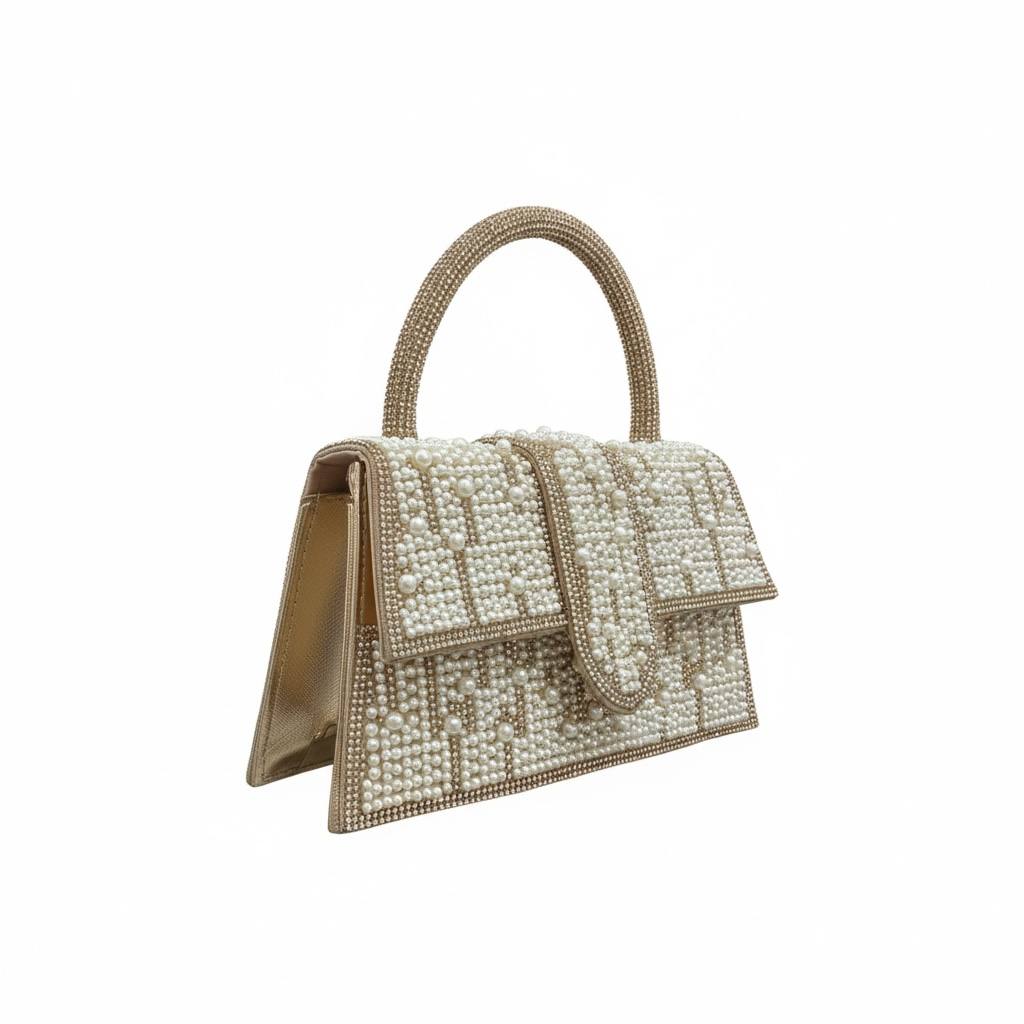 Pearl Luxe Monogram Top Handle Bag β¨π€ | Gold Embellished Statement Handbag