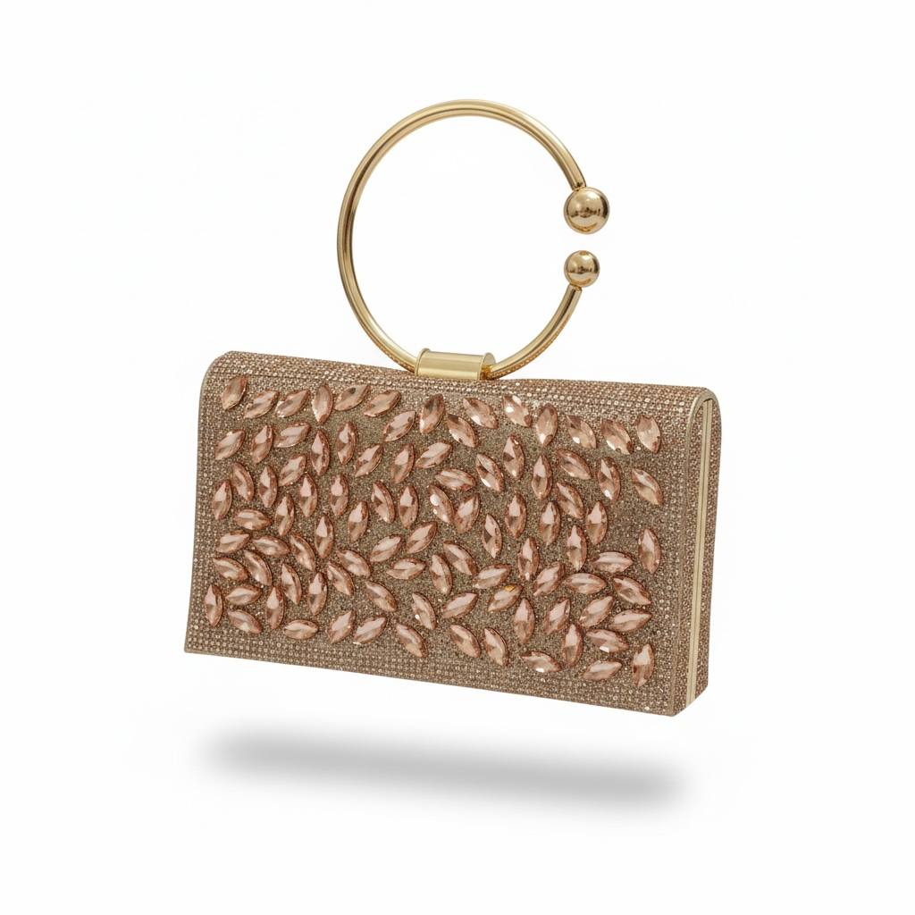 Rose Gold Leaf Crystal Clutch β¨πΈ | Elegant Ring Handle Evening Bag