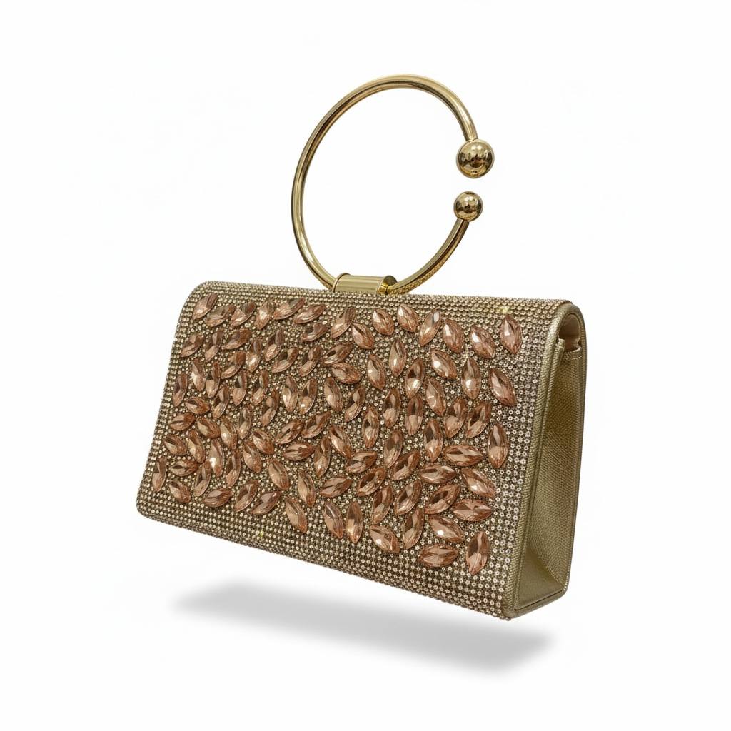 Rose Gold Leaf Crystal Clutch β¨πΈ | Elegant Ring Handle Evening Bag