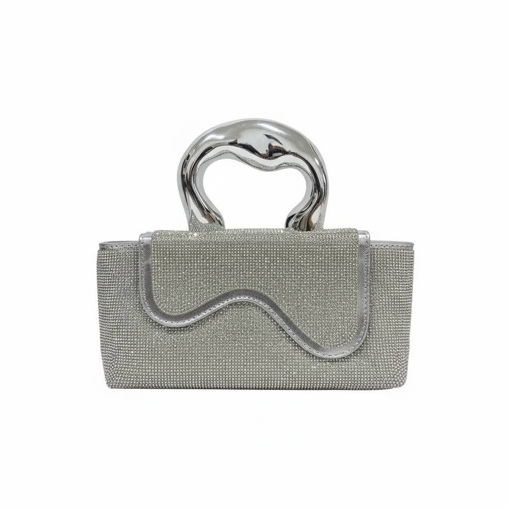 Silver Sculpted Crystal Clutch ✨🩶 | Metallic Handle Statement Evening Bag