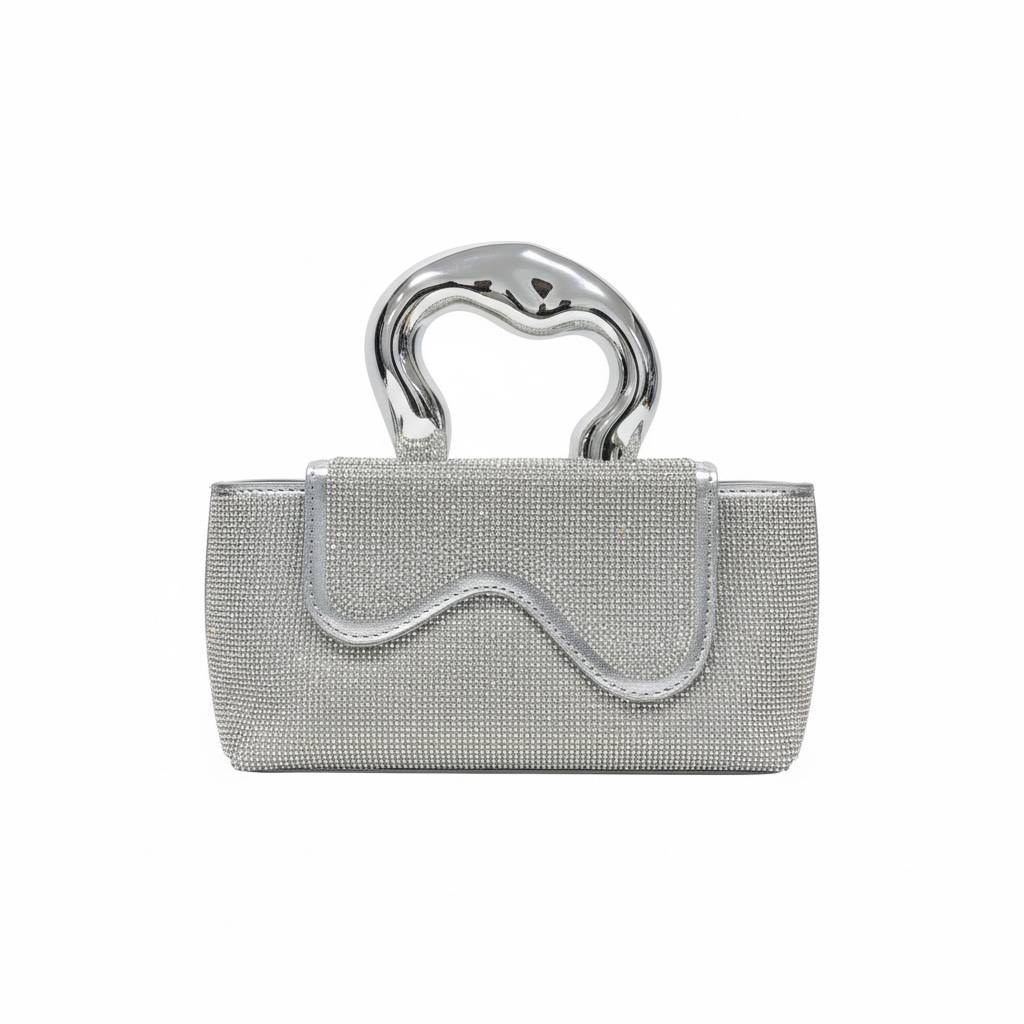 Silver Sculpted Crystal Clutch ✨🩶 | Metallic Handle Statement Evening Bag