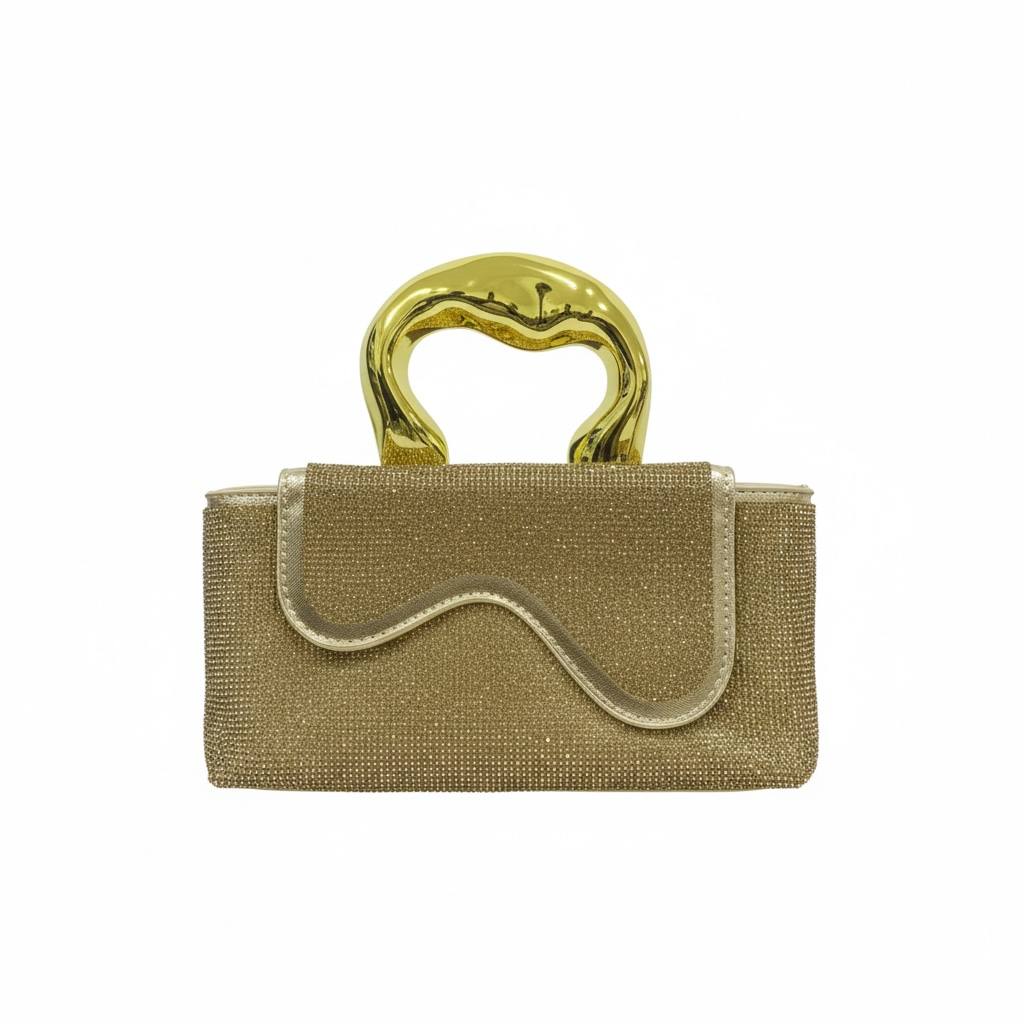 Golden Sculpted Crystal Clutch ✨💛 | Metallic Handle Luxury Evening Bag