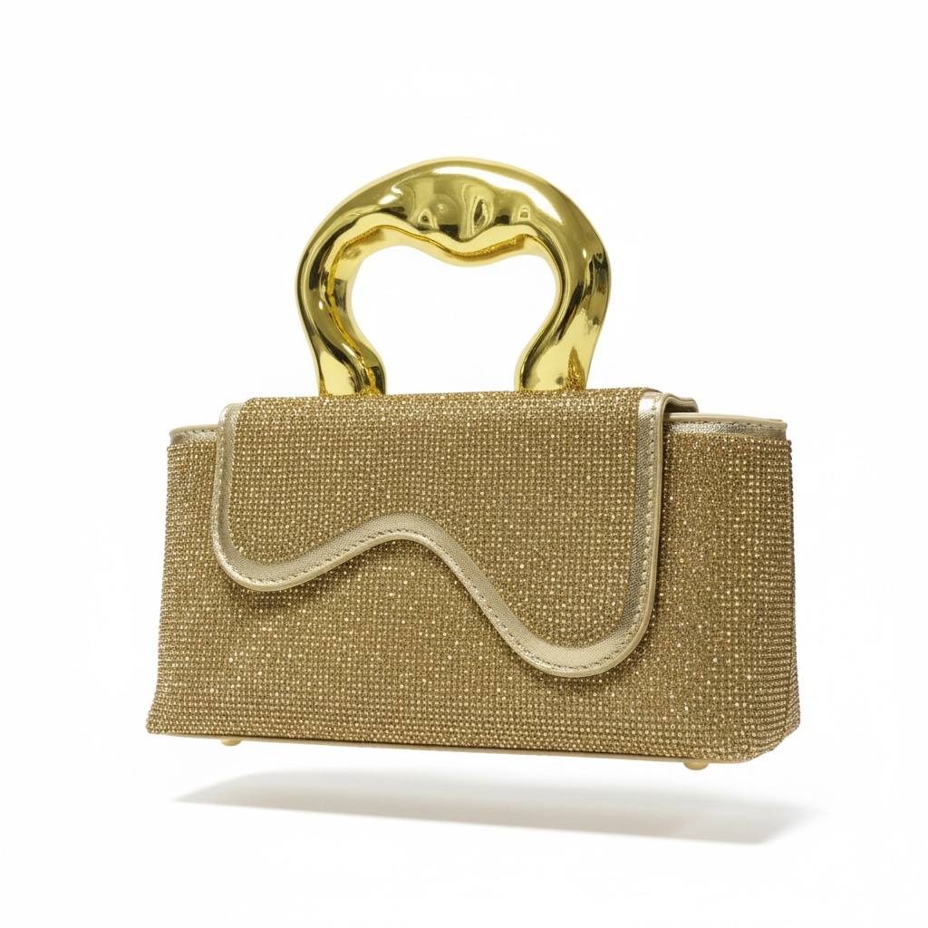 Golden Sculpted Crystal Clutch β¨π | Metallic Handle Luxury Evening Bag