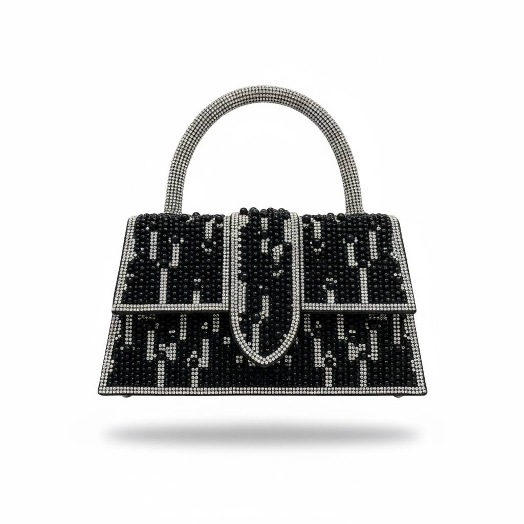 Midnight Pearl Monogram Handbag ✨🖤 | Black & Silver Statement Top Handle Bag