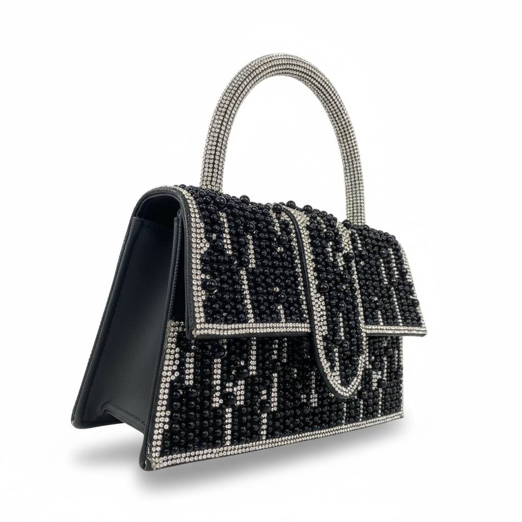 Midnight Pearl Monogram Handbag ✨🖤 | Black & Silver Statement Top Handle Bag
