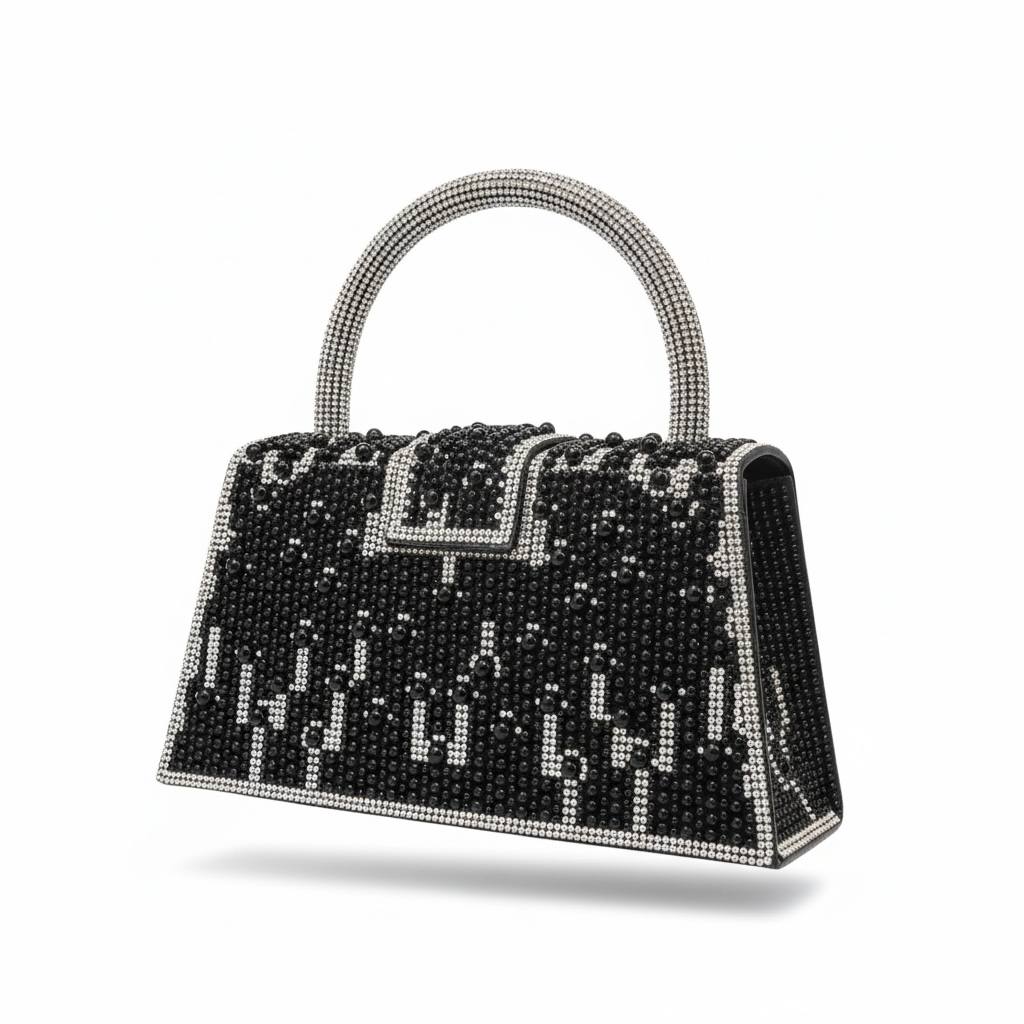 Midnight Pearl Monogram Handbag ✨🖤 | Black & Silver Statement Top Handle Bag