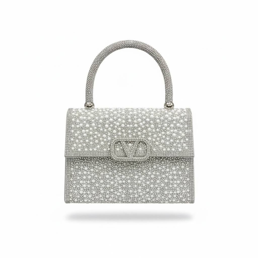 Valentino Garavani Crystal Pearl Top Handle Bag β¨π€ | Silver Couture Evening Handbag