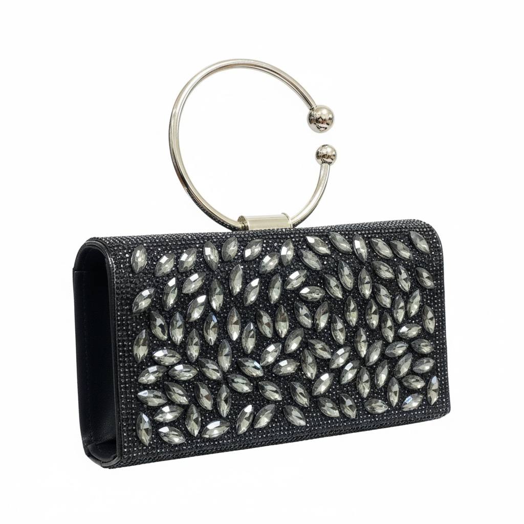Midnight Crystal Leaf Ring Clutch β¨π€ | Black Embellished Evening Statement Bag