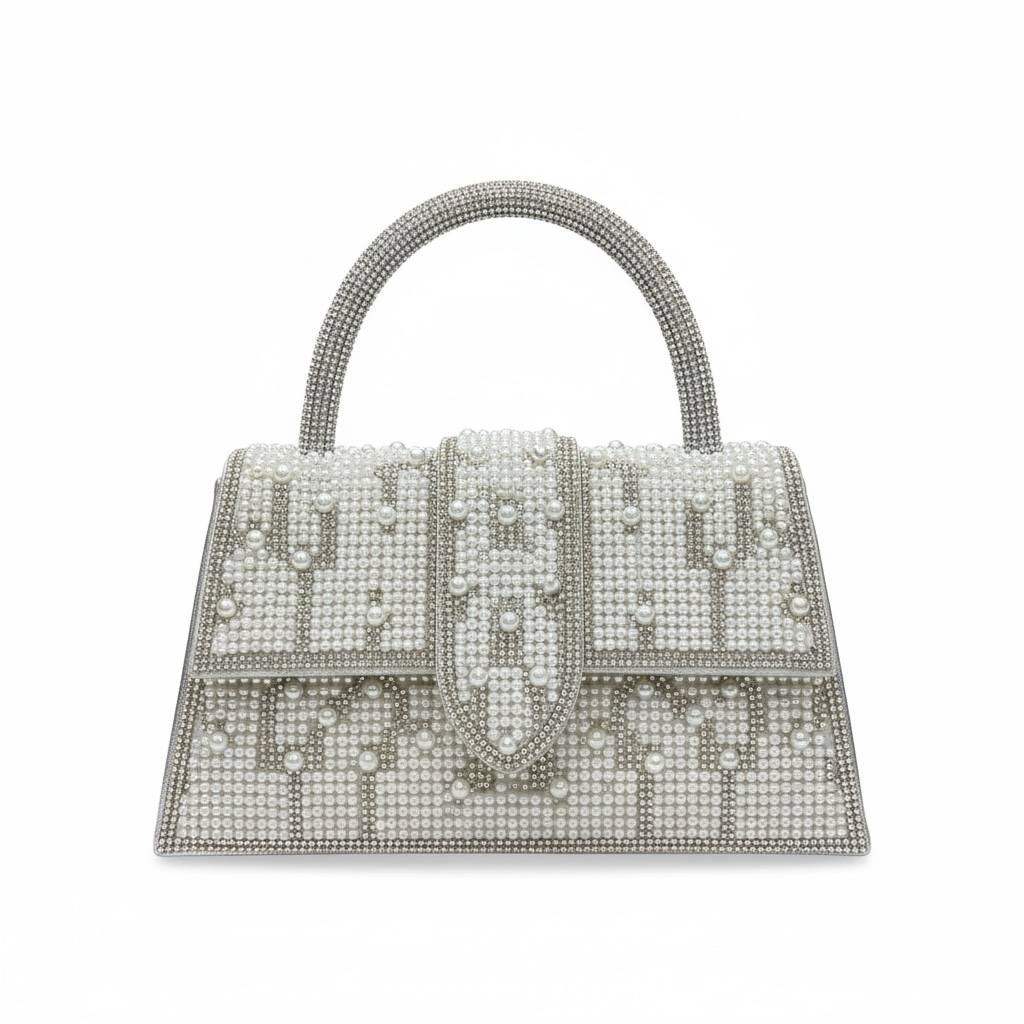 Silver Pearl Monogram Top Handle Bag ✨🤍 | Luxury Embellished Evening Handbag