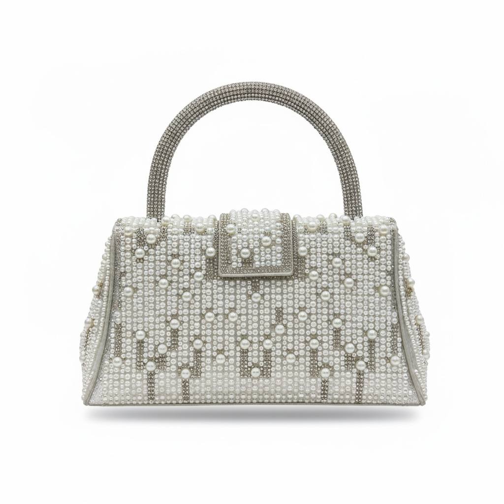 Silver Pearl Monogram Top Handle Bag ✨🤍 | Luxury Embellished Evening Handbag