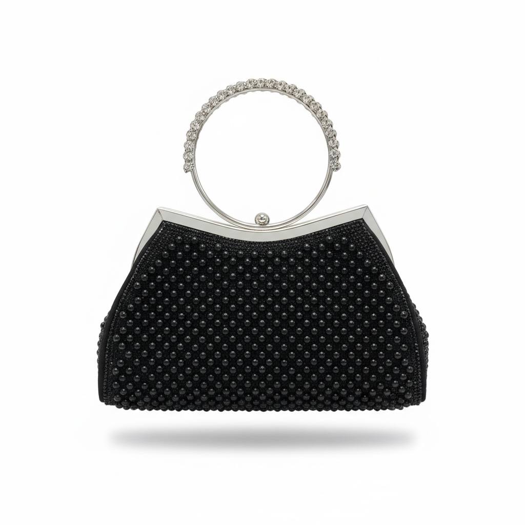 Midnight Pearl Halo Clutch β¨π€ | Crystal Ring Handle Evening Bag