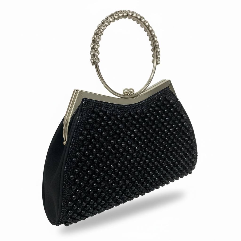 Midnight Pearl Halo Clutch β¨π€ | Crystal Ring Handle Evening Bag