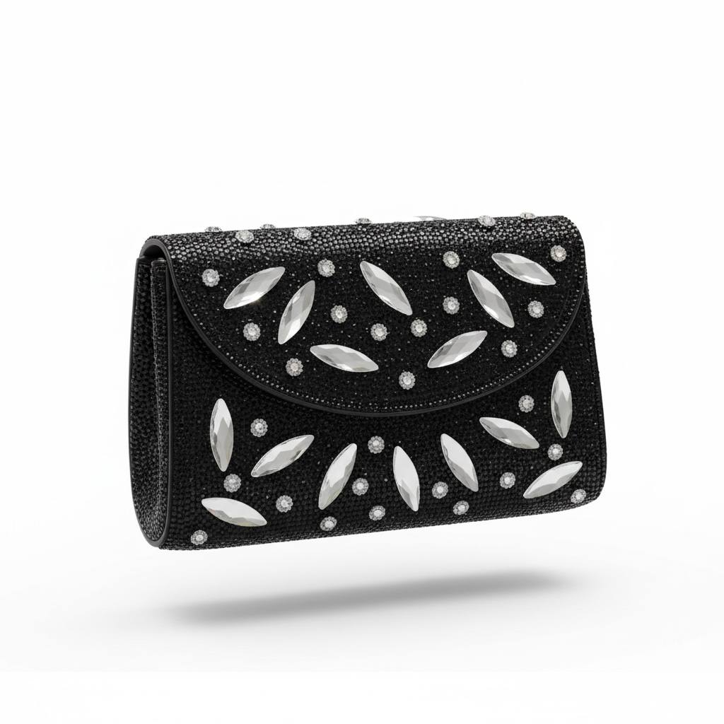 Midnight Crystal Leaf Clutch ✨🖤 | Black Embellished Evening Statement Bag