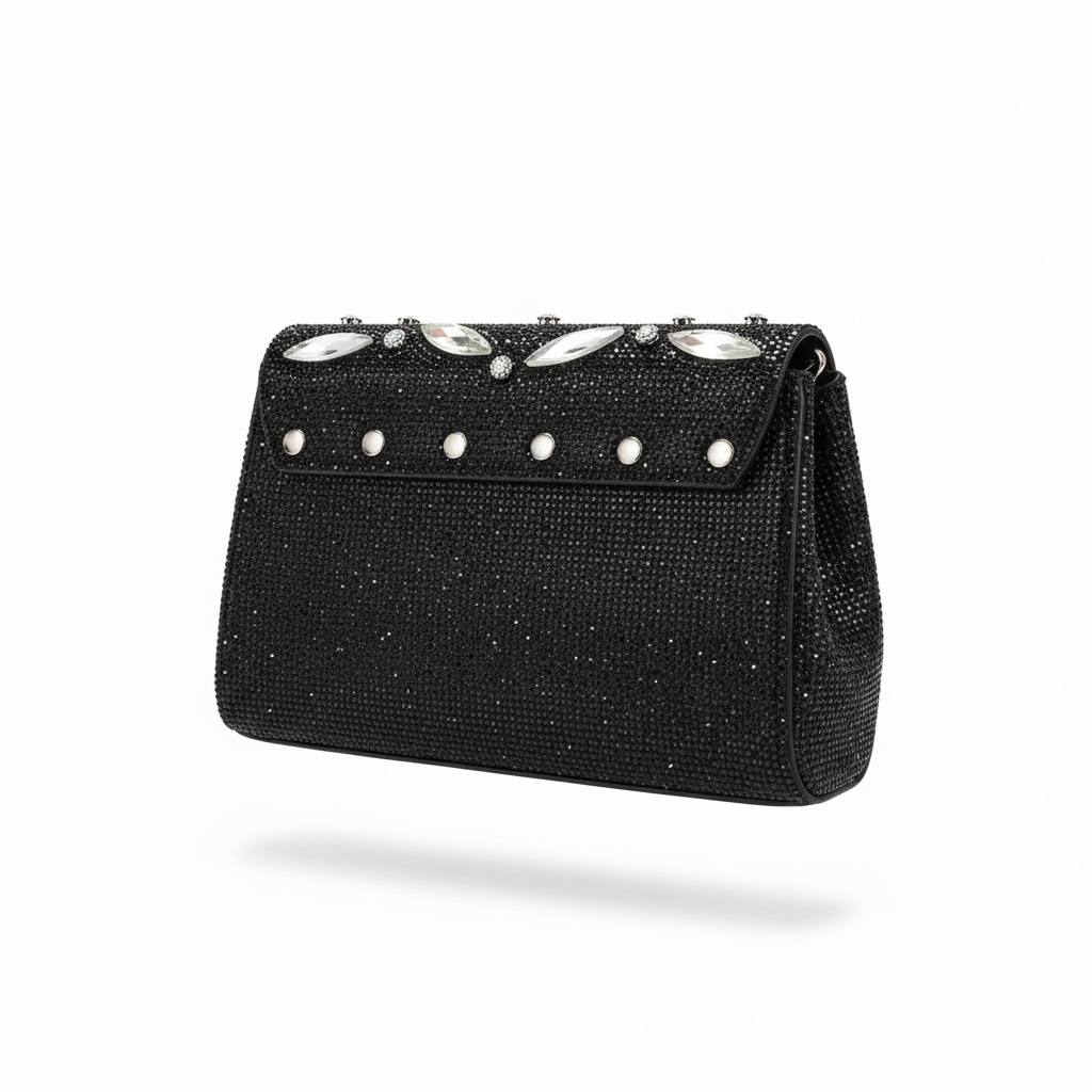 Midnight Crystal Leaf Clutch ✨🖤 | Black Embellished Evening Statement Bag