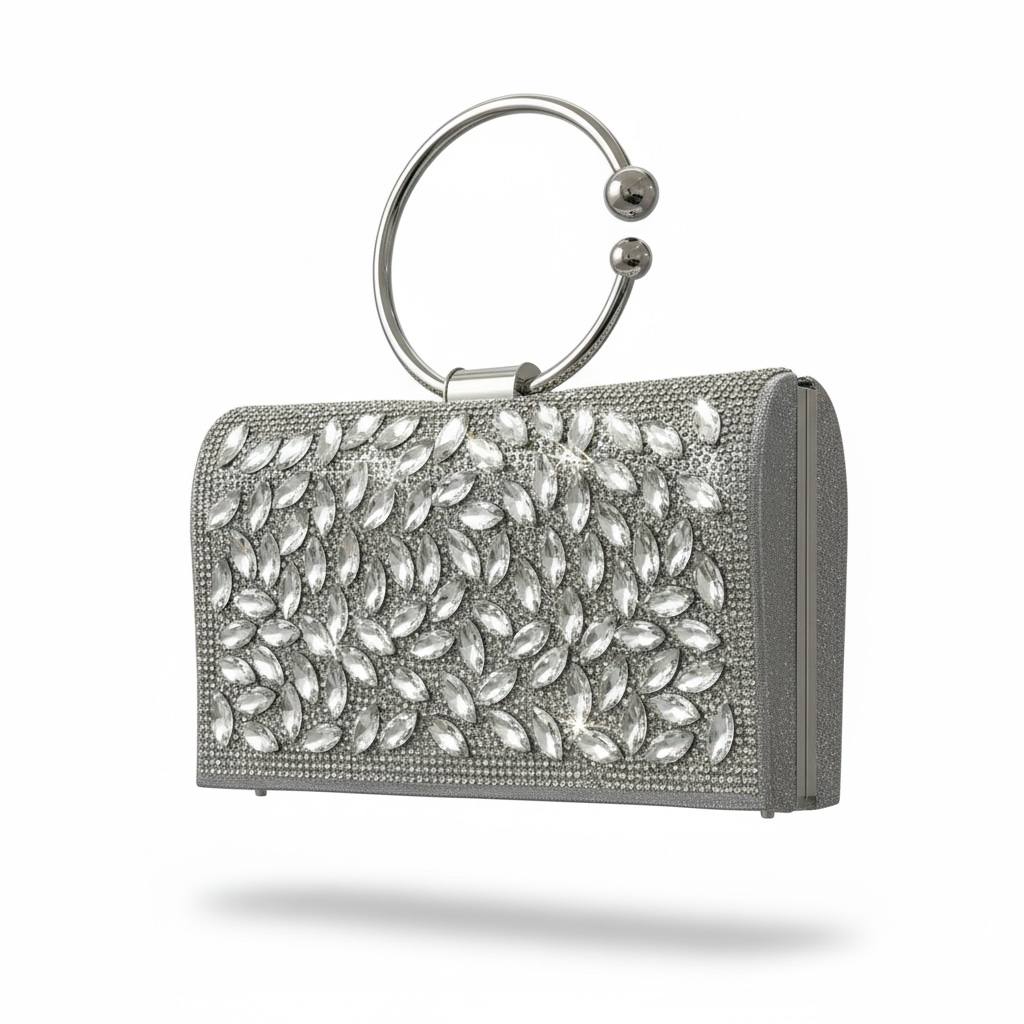 Silver Crystal Leaf Ring Clutch ✨🩶 | Luxe Embellished Evening Statement Bag