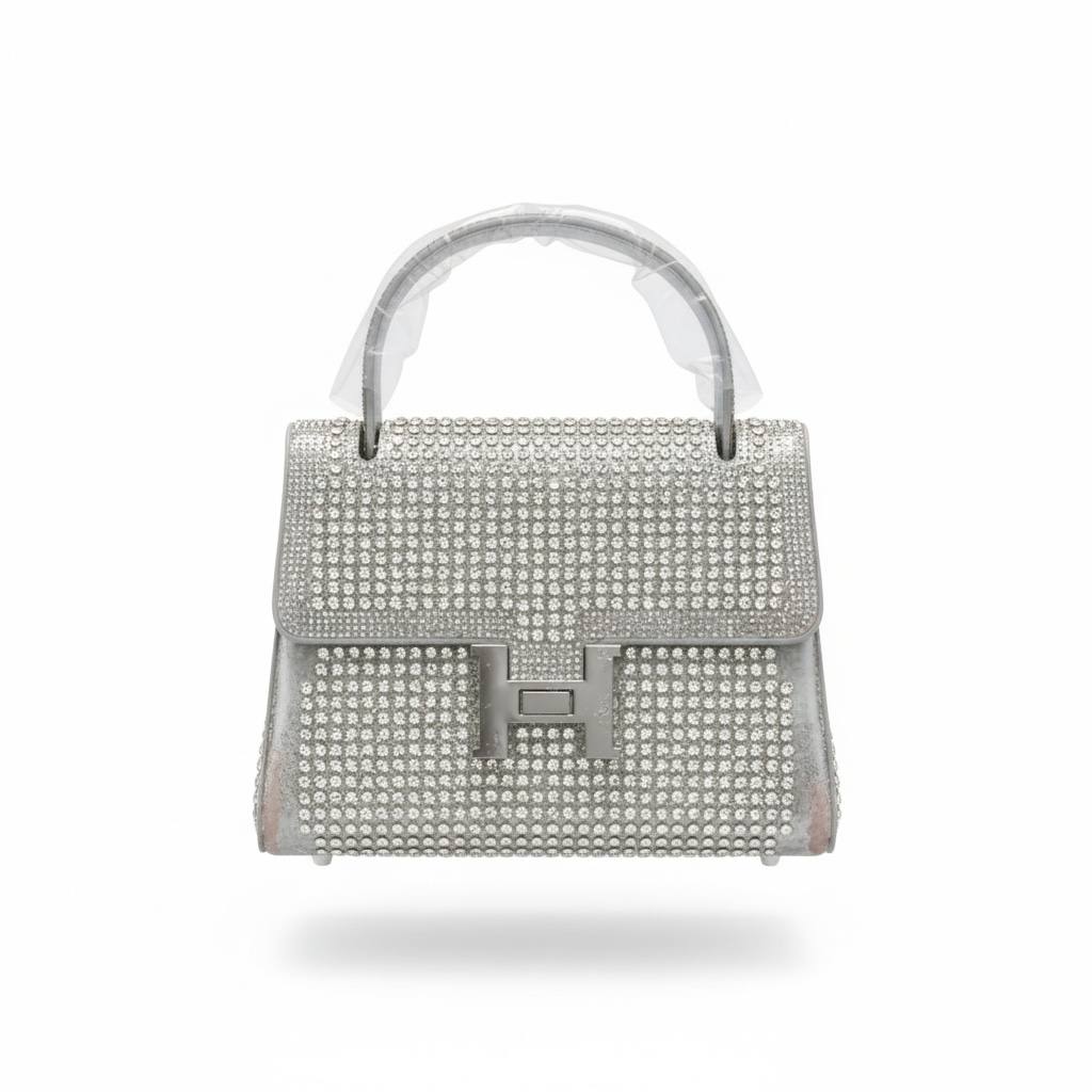 Hermès-Inspired Silver Crystal Top Handle Bag ✨🤍 | Luxury Evening Statement Handbag