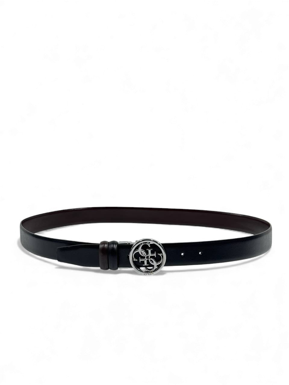 🖤 Guess Signature Black Leather Belt – Silver Logo Buckle (125 cm) 🖤