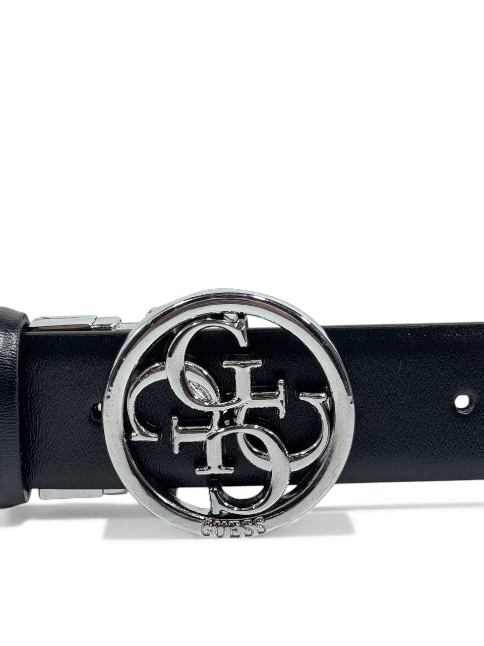 🖤 Guess Signature Black Leather Belt – Silver Logo Buckle (125 cm) 🖤